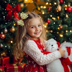 Glittery gold Christmas reindeer antler bow hair clip worn by a young girl for holiday party