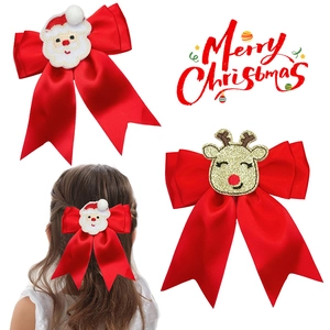 Girl Christmas Hair Clips Red Satin Bow Duckbill Clips Santa Claus Reindeer Embroidery Hair Accessories For Kids Xmas Party