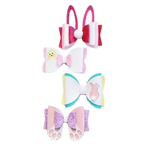 Set of 4 Easter bunny and chick hair clips with pink sequins and bow designs