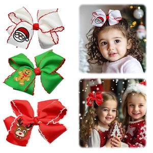 Three-piece Christmas bow hair clips with Santa, reindeer and gingerbread embroidery