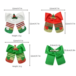 Christmas bow hair clips for girls with elf hat glitter details and silver alligator clips