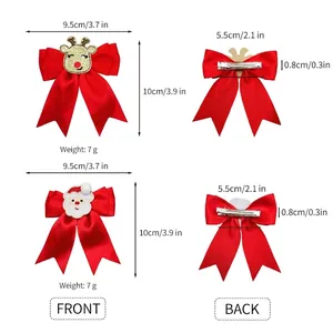 Red Christmas bow hair clips with Santa and Reindeer embroidery for girls holiday headwear