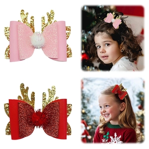Christmas Reindeer Antler Bowknot Hair Clips For Kids Glitter Sequin Fabric Faux Leather Reindeer Hair Accessories For Girls Xmas Party Decor