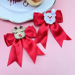 Christmas red satin bow hair clips set with glitter deer and Santa Claus embroidery