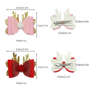 Christmas reindeer antler hair clips with glitter bows and fluffy pom poms for girls