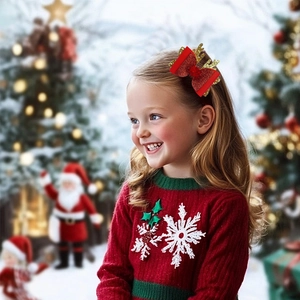 Detail shot of red bow hair clip with gold reindeer antlers and pompom for Christmas