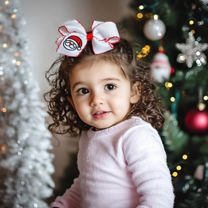 Close-up of a white ribbon Christmas bow clip with embroidered Santa on a girl