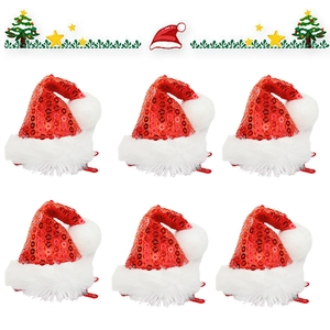 Set of six red sequined mini Christmas hat hair clips with white plush trim and pom-poms