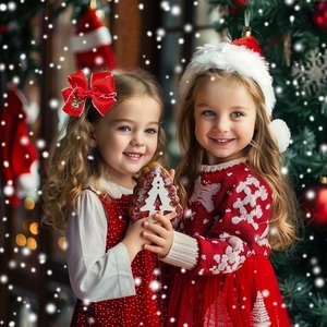 Close-up of girls in Christmas outfits with reindeer bows and snowflake sweaters