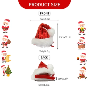 Red sequin Christmas hat hair clip with plush trim and size labels on white background