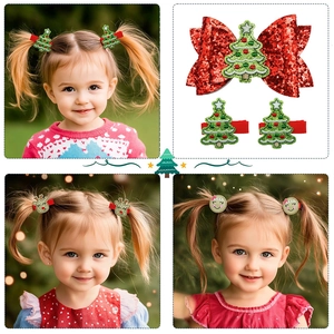 Christmas hair clips set with red sequin bow and reindeer gingerbread embroidery for girls