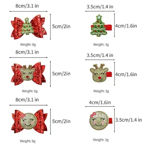3-piece Christmas hair clip set with gingerbread man, reindeer, and tree sizing details