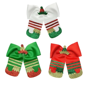 Christmas elf boot hair clips for girls with red and green glitter bows and stripes