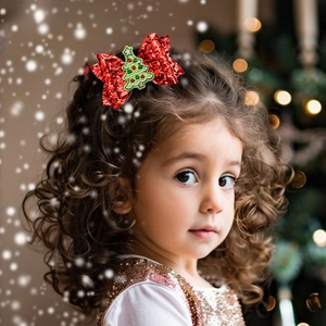 Detail of child wearing a red sequin Christmas bow hair clip with a small green tree