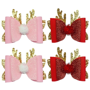 Glitter Christmas reindeer antler hair clips with plush pom-poms and bowknot for girls