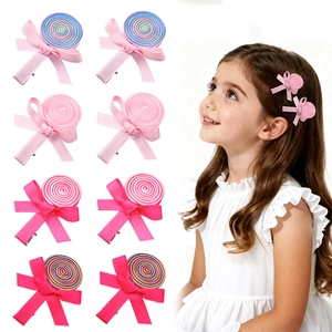 Handmade Kids Lollipop Bow Hair Clip Polyester Grosgrain Ribbon Sweet Candy Alligator Clip Pink Rainbow Girl Hair Accessories
