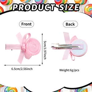 Pink lollipop grosgrain ribbon hair clip for girls with size dimensions and dual side view