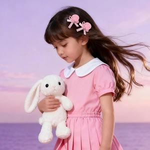 Close-up of pink lollipop bow hair clips worn by child model with plush rabbit toy