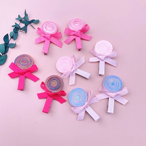 Set of 8 cute pink lollipop ribbon hair clips with colorful rainbow bows for girls