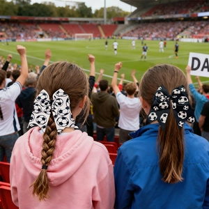 Détail de nœuds à cheveux football portés en queue de cheval sur fond de stade