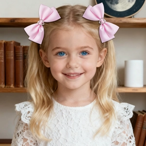 Detail van roze satijnen haarstrikken met hartvormige steentjes bij een meisje