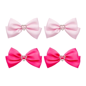 Set van 4 handgemaakte roze satijnen haarstrikjes met fonkelende hartvormige strass-steentjes