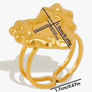 Detailed size chart showing dimensions of the golden lava heart open ring for women