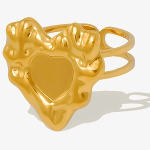 Detailed macro view of gold heart-shaped lava ring with double-layered band structure