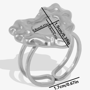 Detail view of 304 stainless steel heart ring with textured finish and size dimensions