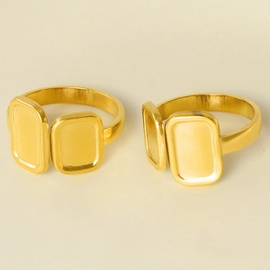 Polished gold 304 stainless steel open ring with unique double rectangular plates design