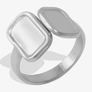 Detailed macro view of 304 stainless steel ring featuring dual square enamel geometric elements