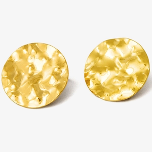 Close-up of golden oval textured earrings with a luxury hammered finish in 304 stainless steel