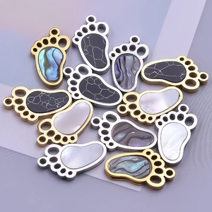 304 stainless steel baby footprint charms with shell inlay for DIY jewelry necklaces