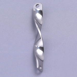 Detailed view of silver-tone polished stainless steel twisted bar pendant on purple fabric