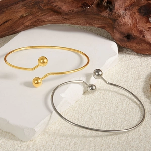 Minimalist adjustable open cuff bracelets with polished metal beads in gold and silver