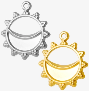 Detailed macro view of 304 stainless steel sun and crescent moon charms in gold and silver