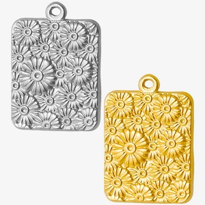 Detailliertes Relief von Gänseblümchen-Rechteckanhängern aus Gold und Silber Edelstahl