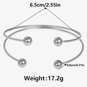 Detail view of 304 stainless steel open bangle showing dimensions and bead size specs