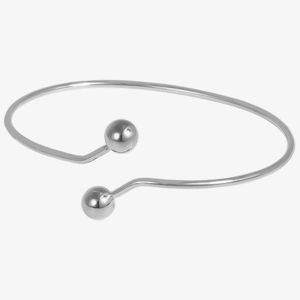 Close-up of minimalist silver stainless steel open bangle with smooth bead endings