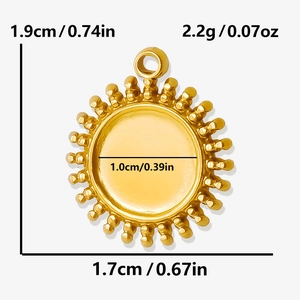 Detail view of 304 stainless steel sun pendant with 1.9cm x 1.7cm size measurements