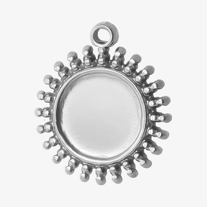 Macro detail of sun flower shaped stainless steel pendant base with round hanging loop