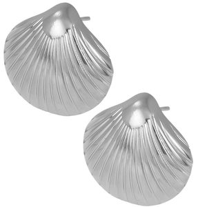 Détail macro de boucles d'oreilles coquillage avec finition argentée polie et stries