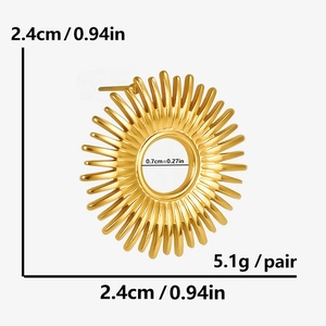Detailed dimensions of 18k gold sunburst stud earrings in 304 stainless steel