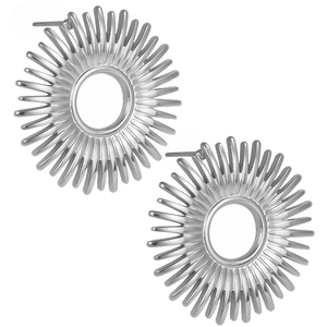 Detail of 304 stainless steel sunburst stud earrings with polished hollow ring design