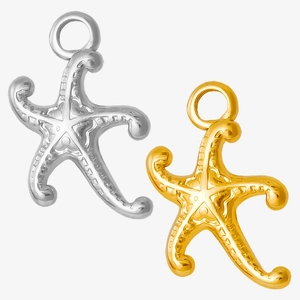 Detail of 304 stainless steel starfish pendants in gold and silver with embossed texture