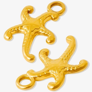Detailed macro of two gold starfish pendants with textured finish and DIY attachment loops
