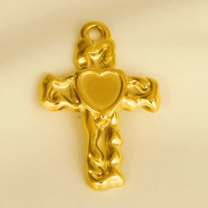 Detailed view of a 304 stainless steel gold cross pendant with heart texture and wavy surface