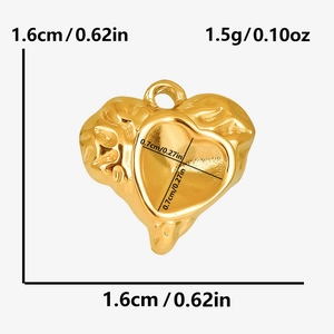 Macro detail of 304 stainless steel heart pendant with gold finish and sizing dimensions