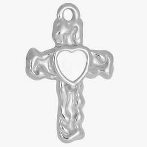 Detailed macro view of silver 304 stainless steel lava textured cross heart pendant