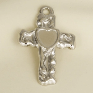 Polished 304 stainless steel cross heart pendant with unique wavy frame design